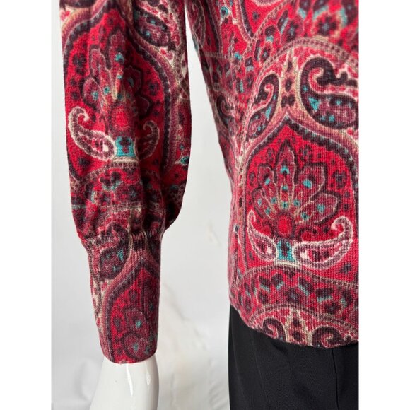 Talbots Womens L Red Multicolor Paisley Print Merino Wool Sweater Made In China - Picture 3 of 16